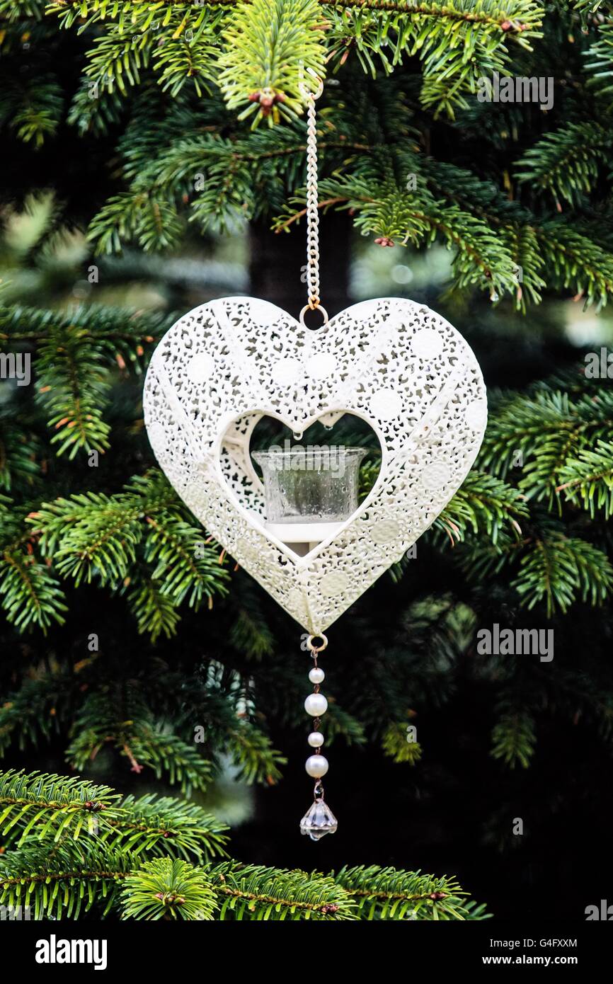 Ornamento cuore con portacandele appeso a un albero di Natale in un giardino Foto Stock
