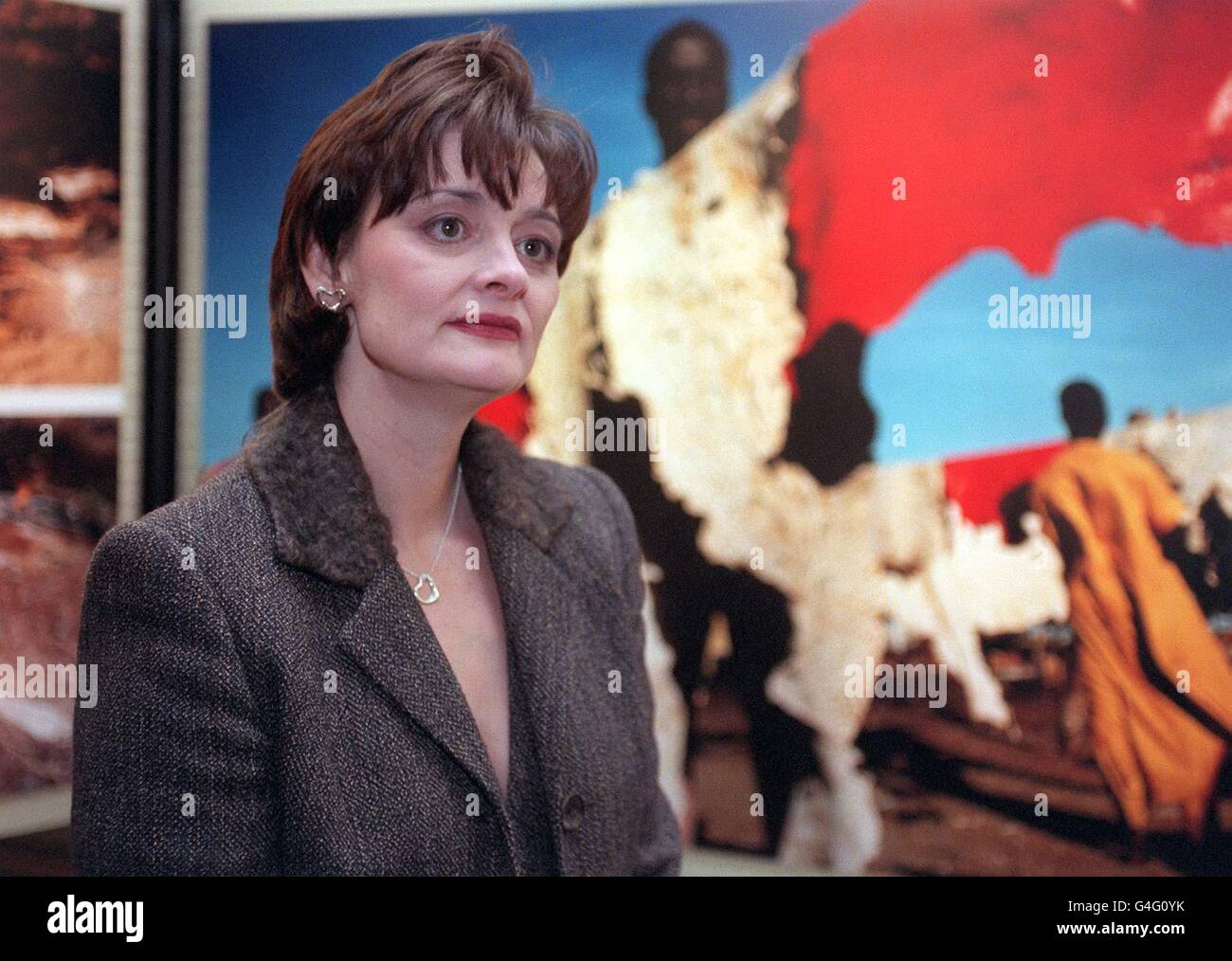 La moglie del primo ministro, Cherie Booth, QC, vede le immagini incluse nel World Press Photo Exhibition del 1998 mentre apre ufficialmente la "World Press Photo" al Royal Festival Hall sulla South Bank di Londra questa sera (mercoledì). Foto di Neil Munns/PA. Foto Stock