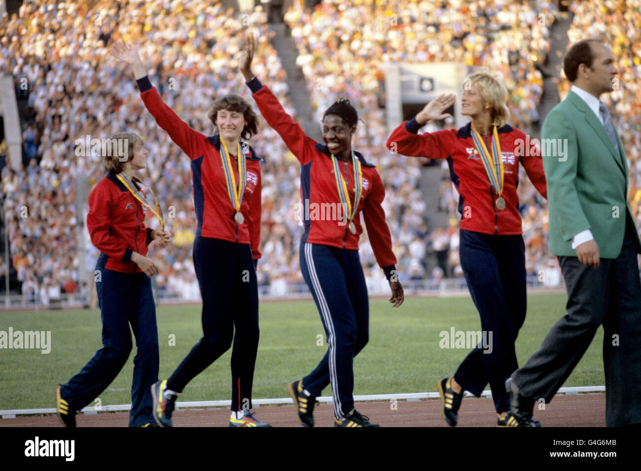 I vincitori della medaglia di bronzo britannica nel relè 4x400 metri, Kathy Smallwood, Michelle Probert, Joslyn Hoyte-Smith e Donna Hartley. Foto Stock