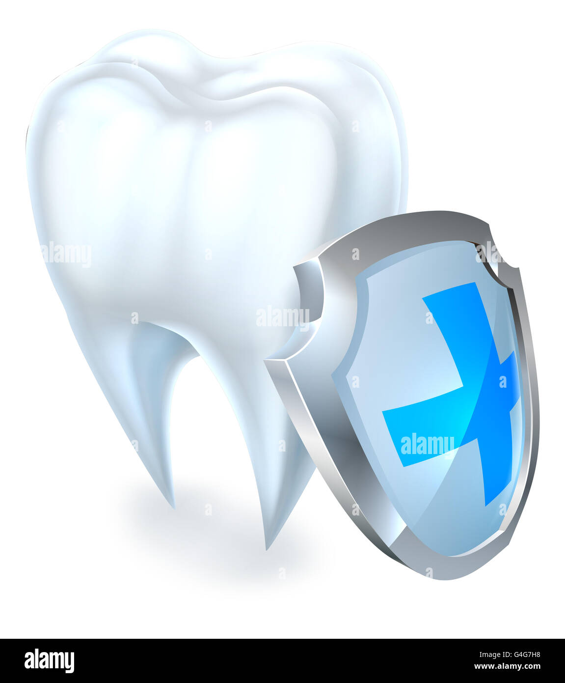 Un medico dental illustrazione di un dente essendo protetto da un icona dello scudo Foto Stock