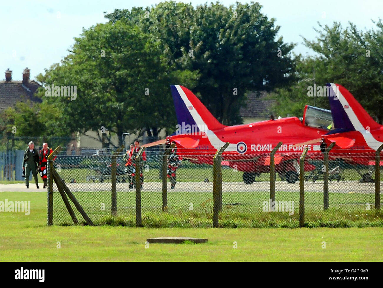 Frecce rosse piloti dopo l'arrivo a RAF Scampton, Lincolnshire. Foto Stock