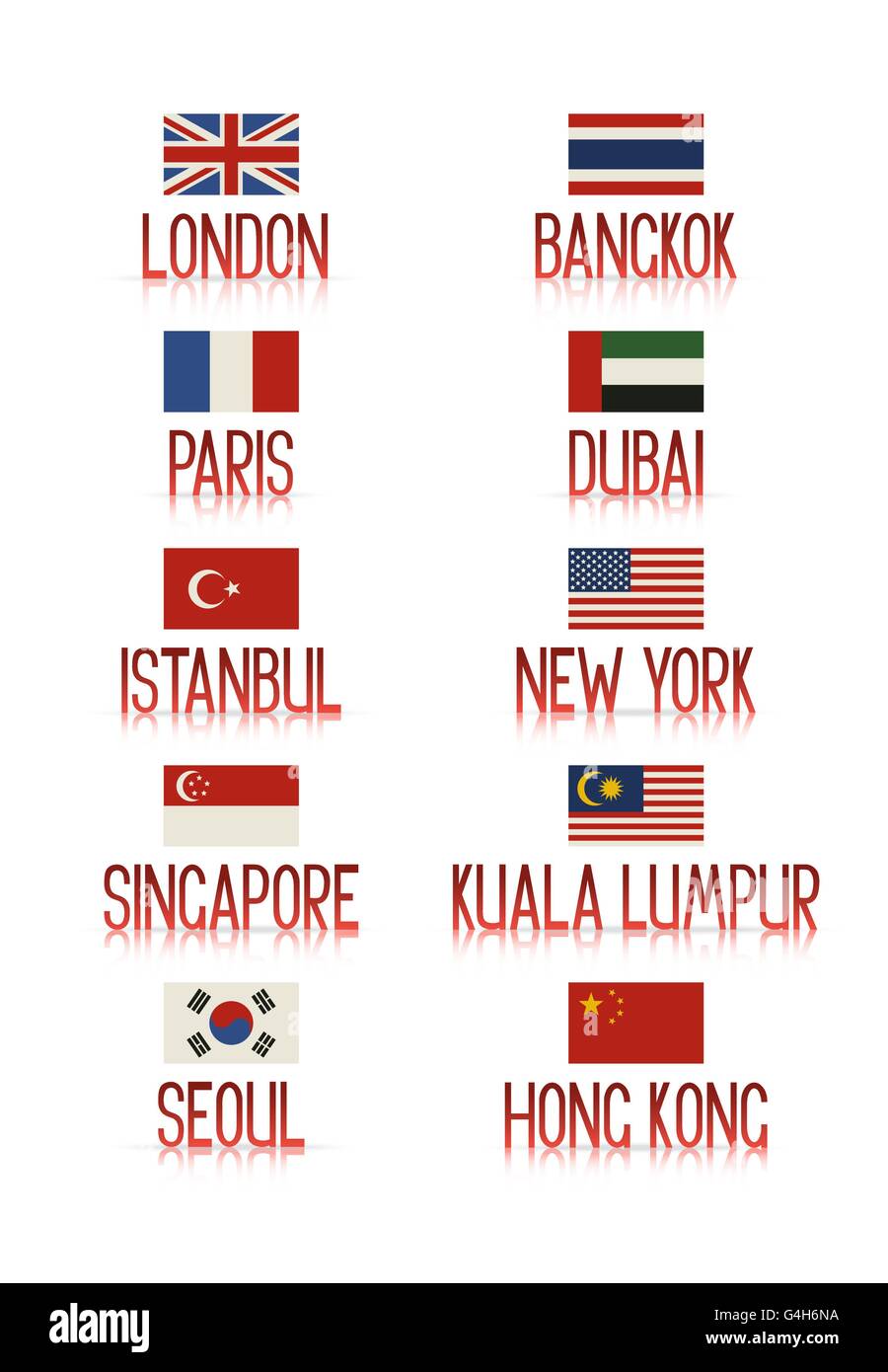 Set di dieci famose città turistiche e i loro paesi " bandiere. Ve Illustrazione Vettoriale