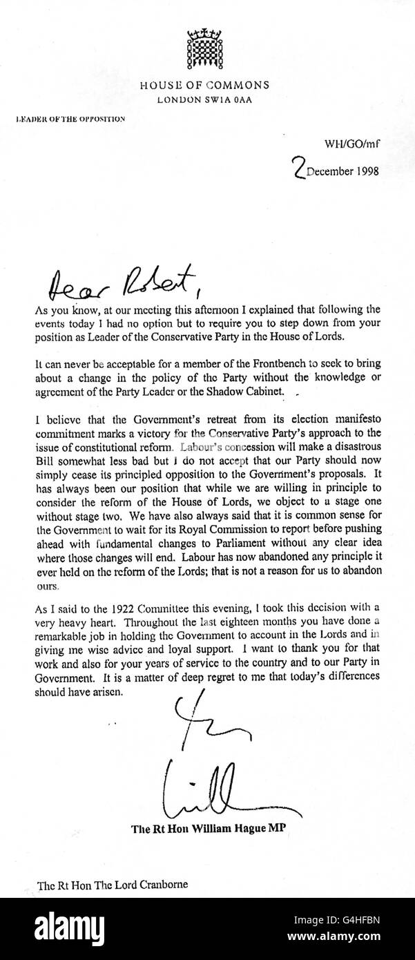 Una copia della lettera inviata dal leader del Tory Party William Hague saccheggio Lord Cranborne. Vedere i colleghi politici di PA Story. Foto PA Foto Stock