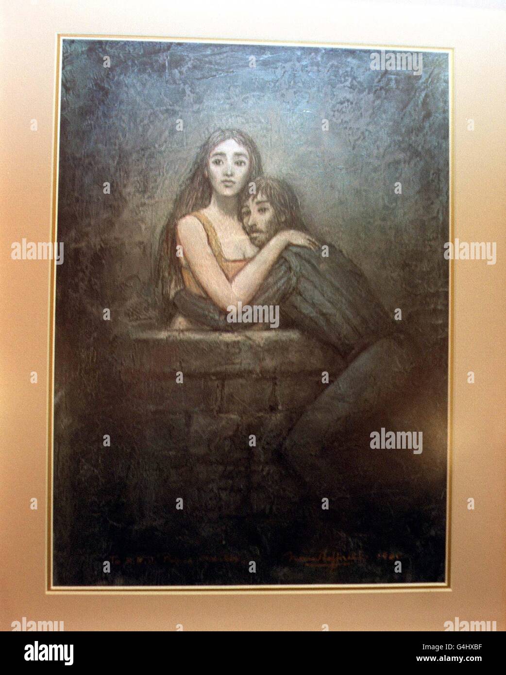 Un dipinto del regista Franco Zeffirelli, ispirato al film del 1969 Romeo e Giulietta. Il regista ha presentato la foto al Principe di Galles alla prima reale del nuovo film di Zeffirelli, Tea with Mussolini, presso l'Empire Leicester Square di Londra. Foto Stock