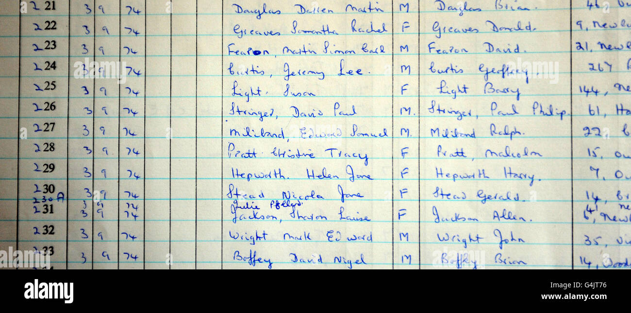 Il nome del leader del Labor Party ed Miliband può essere visualizzato sul registro scolastico dal 1974 in mostra durante una visita alla sua vecchia scuola, la Featherbank School, Horsforth, Leeds. Foto Stock