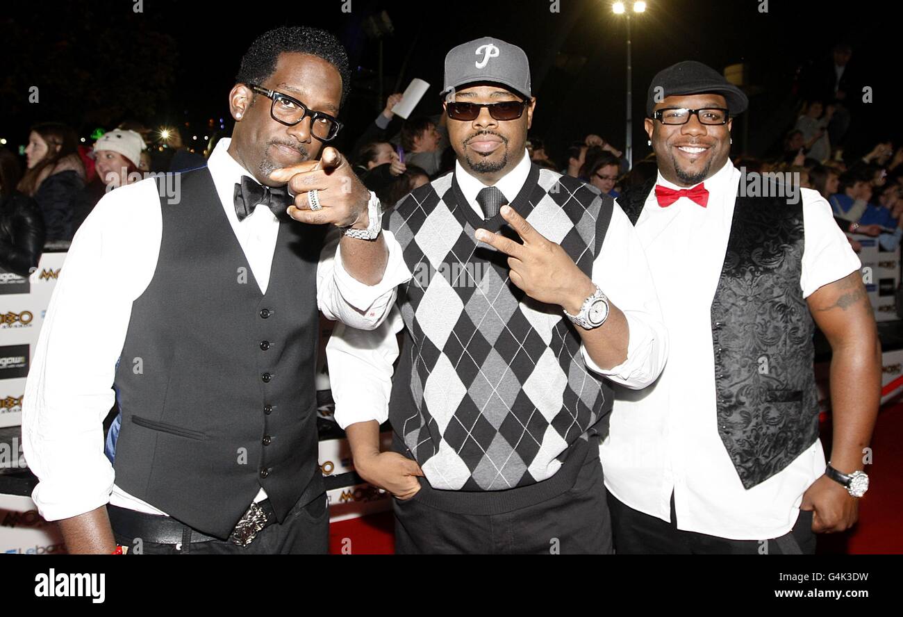 (Da sinistra a destra) Shawn Stockman, Nathan Morris e Wanya Morris di Boyz II uomini in arrivo per il MOBO Awards 2011, al SECC, Glasgow, G3 8YW. Foto Stock