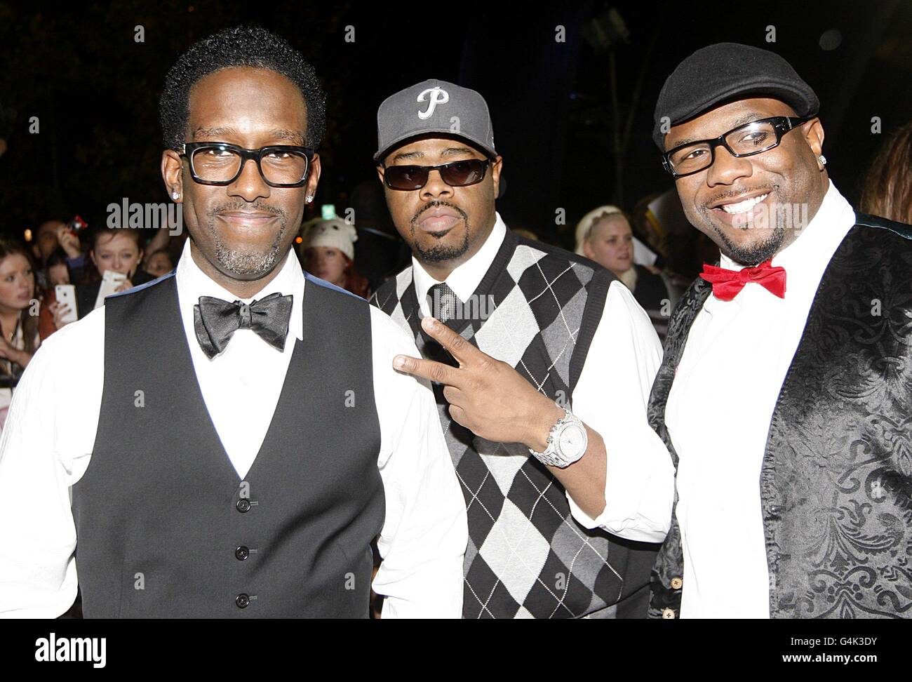 (Da sinistra a destra) Shawn Stockman, Nathan Morris e Wanya Morris di Boyz II uomini in arrivo per il MOBO Awards 2011, al SECC, Glasgow, G3 8YW. Foto Stock