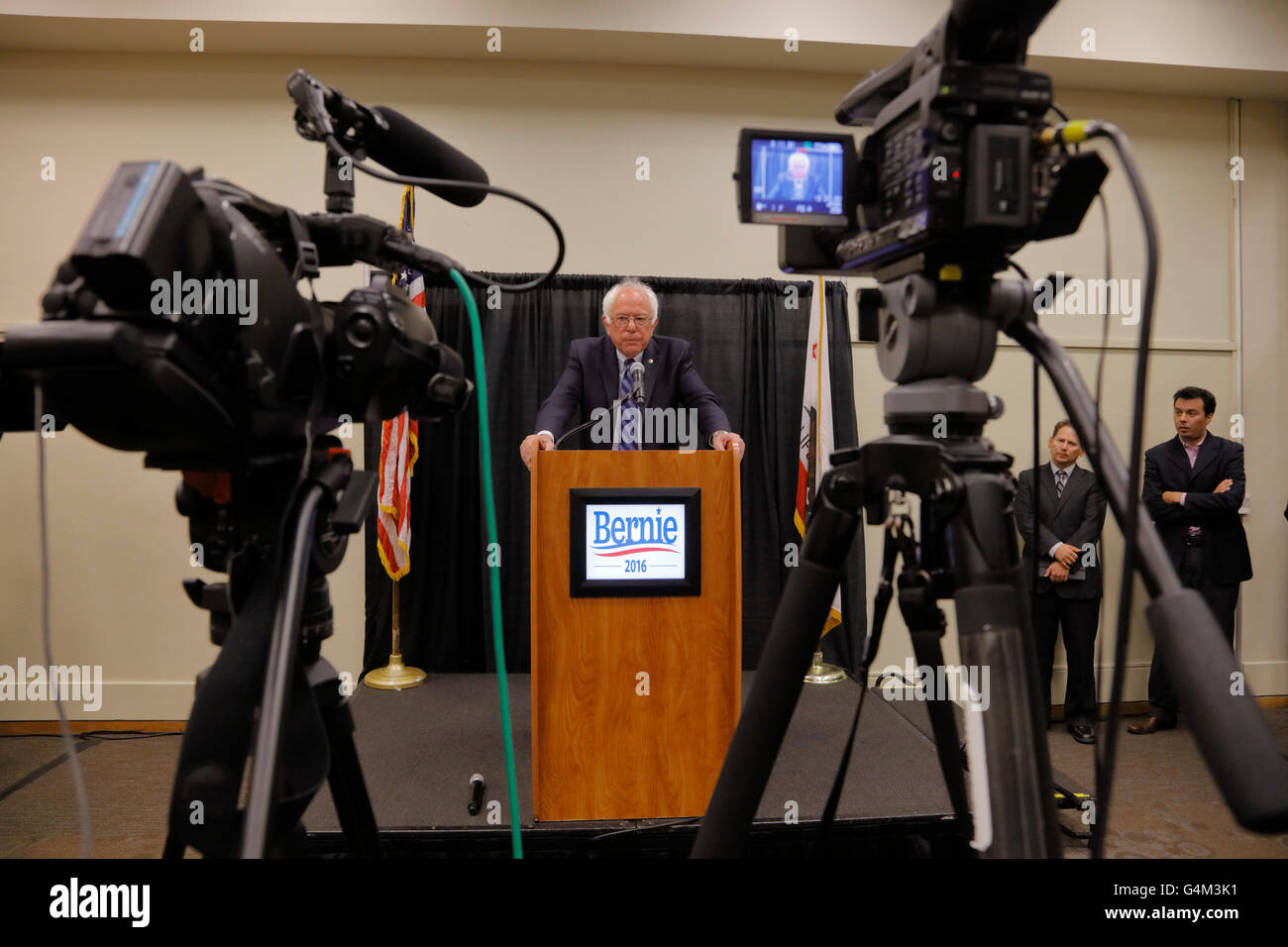 Il senatore Bernie Sanders - Modesto, CA Conferenza Stampa Foto Stock