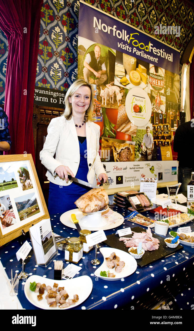 Elizabeth Truss, MP per Norfolk, sulla Sawnnington Farm per Fork stand al Norfolk Food Festival presso la Houses of Parliament a Londra. Foto Stock