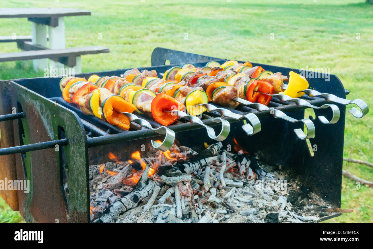 Shish Kebab la cottura sulla natura natura kebab Foto Stock