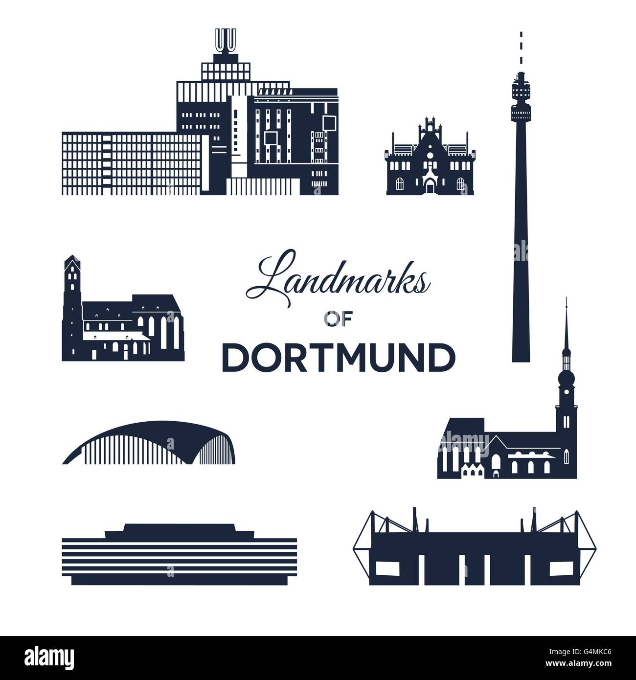 I punti di riferimento della città di Dortmund, Germania. Raccolta di vari punti di riferimento. Illustrazione Vettoriale