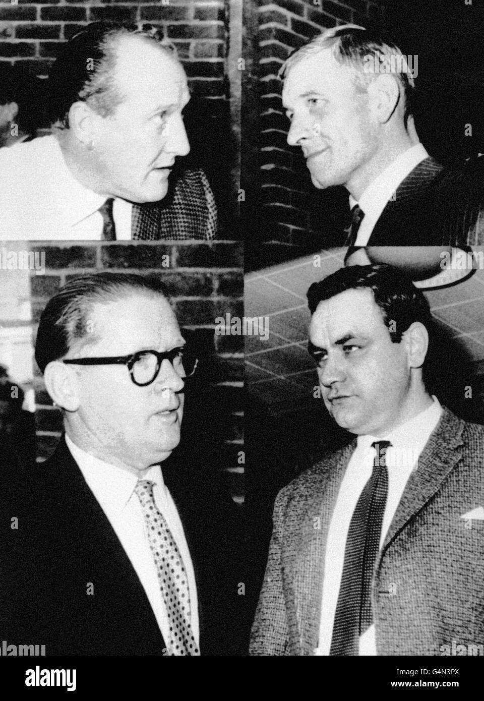 I quattro uomini accusati nel processo di Great Train Robbery ad Aylebury, Buckinghamshire. Top - Thomas William Wisbey, 33, bookmaker di Camberwell, Londra (a sinistra): E Douglas Gordan Goody, 34, parrucchiere di Putney, Londra. Fondo - William Gered Boal, 50, ingegnere di Fulham, Londra (a sinistra): E James Hussey, 30, pittore di East Dulwich, Londra. Foto Stock