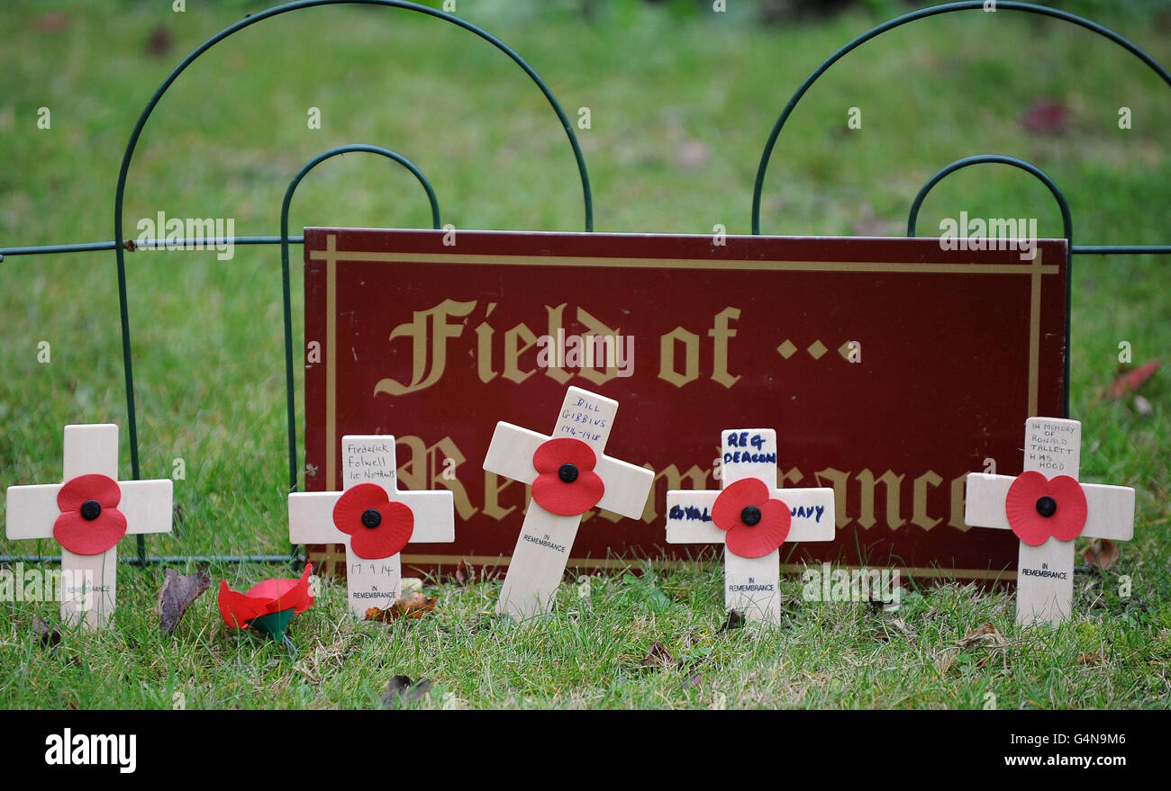 Papaveri e croci nel campo della memoria accanto al Memoriale di guerra presso la Chiesa di tutti i Santi, Northampton il giorno dell'armistizio. Foto Stock