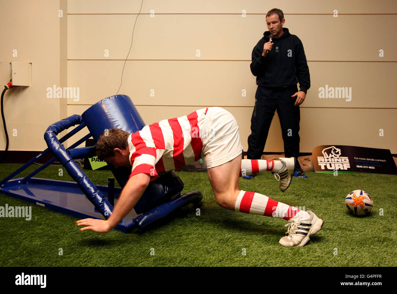 Una dimostrazione di Rhino Rugby il secondo giorno del Rugby Expo che si tiene al Twickenham Stadium di Londra Foto Stock