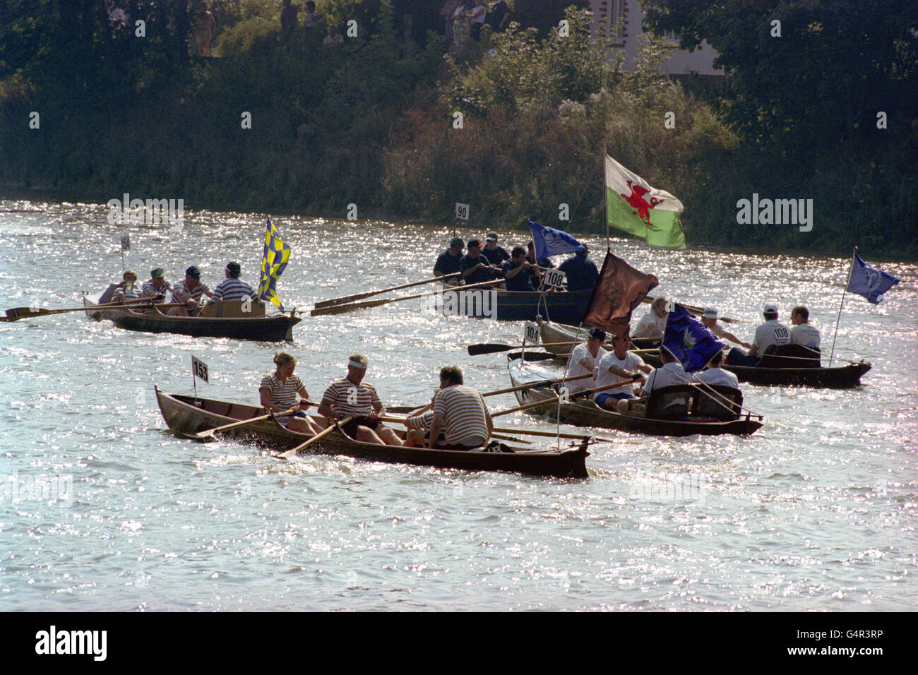 Alcune delle 2,000 tradizionali barche a remi che si disputano durante la dodicesima gara annuale di Great River Race sul Tamigi a Richmond, Surrey. Il percorso di 22 miglia parte da Richmond e termina presso Island Gardens nei Docklands di Londra. Foto Stock