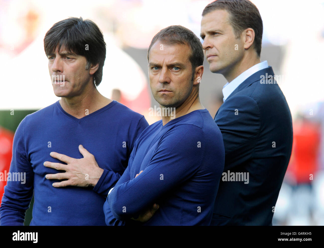 Il tedesco allenatore nazionale Joachim Loew, assistant coach Hansi Flick e team manager Oliver Bierhoff, warm-up game per la UEFA Foto Stock
