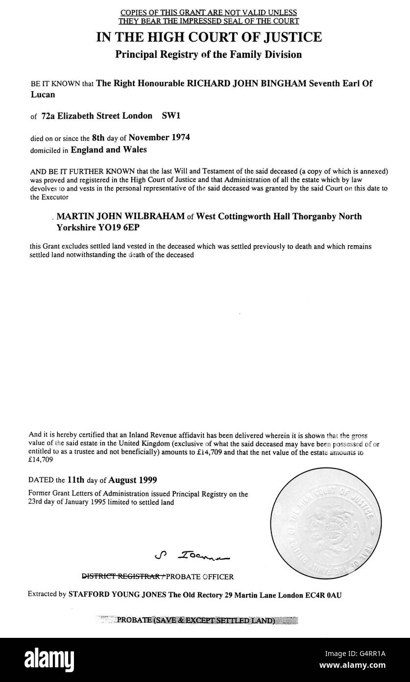 Una sovvenzione di prova dell'alta Corte datata 11 agosto 1999 relativa alla proprietà di Lord Lucan. La sovvenzione significa che gli esecutori della volontà del conte, che è stato mancante dall'assassinio della sua famiglia 25 anni fa, può occuparsi della sua proprietà. Foto Stock