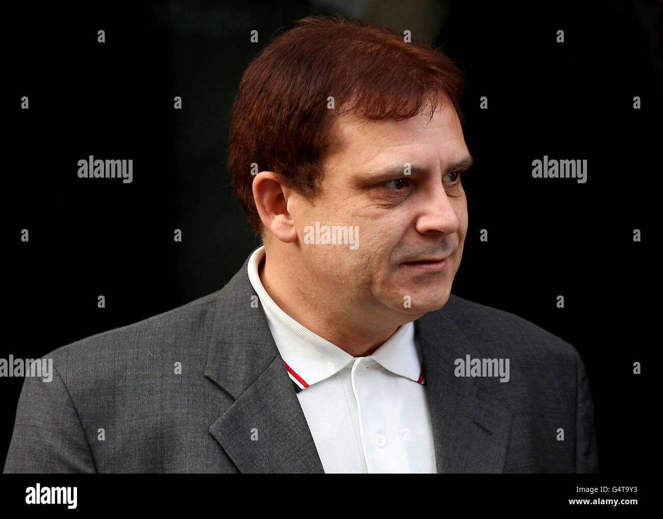 Spencer Payne, 44 anni, che accusava falsamente il suo vicino di essere uno degli assassini di James Bulger, arriva a Colchester Magistrates Court in Essex. Foto Stock