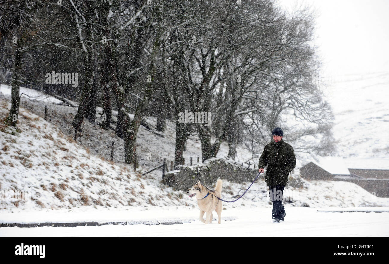 Un uomo cammina il suo cane Husky a Nenthead, Cumbria, mentre il paese si è arenato per un incantesimo di clima più fresco che ha portato la neve in alcune regioni. Foto Stock