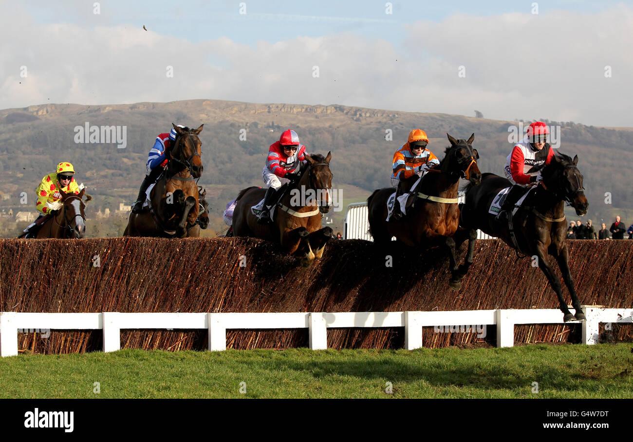 L-R: Jockey Wayne Hutchinson su Araldur, Ruby Walsh su aereo, Paddy Brennan su Tartak, Brendan Powell su Hell's Bay e Harry Derhamon su Poquelin durante il Murphy Group Chase al Cheltenham Race Course Foto Stock