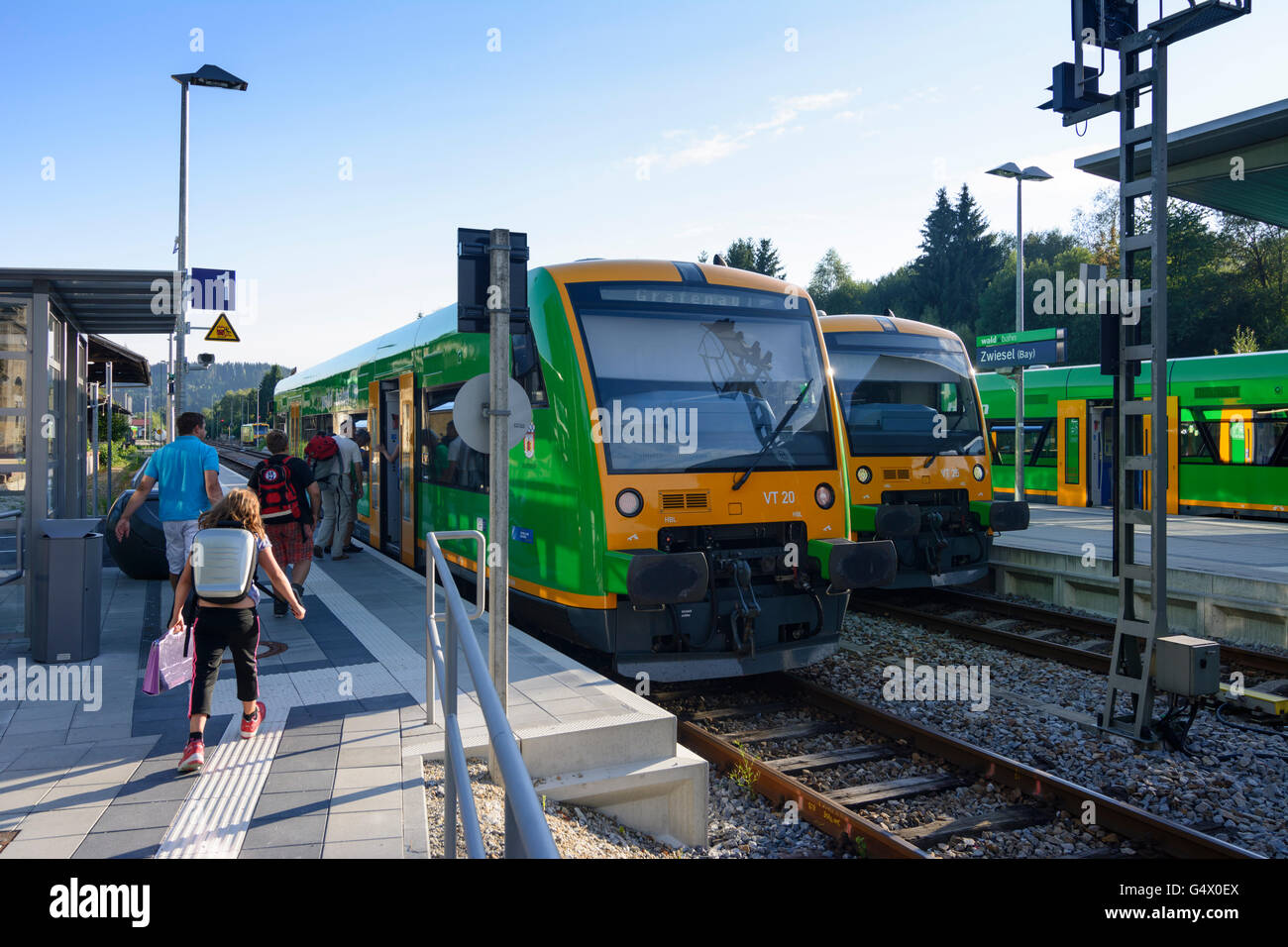 Stazione Zwiesel con vagone ferroviario di Waldbahn, Zwiesel, in Germania, in Baviera, Baviera, Niederbayern, Bassa Baviera Foto Stock