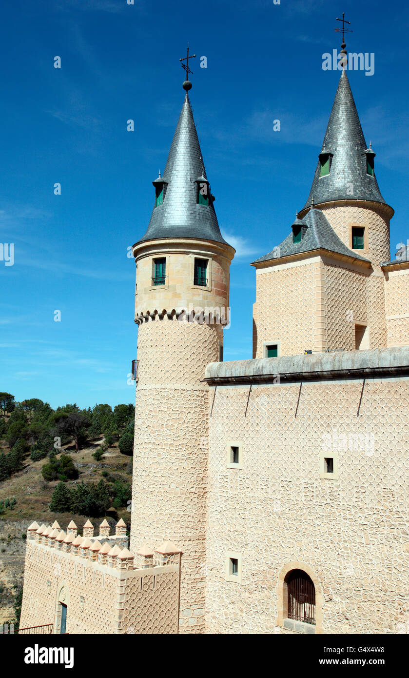 Le torrette del Castello Alcazar di Segovia Foto Stock