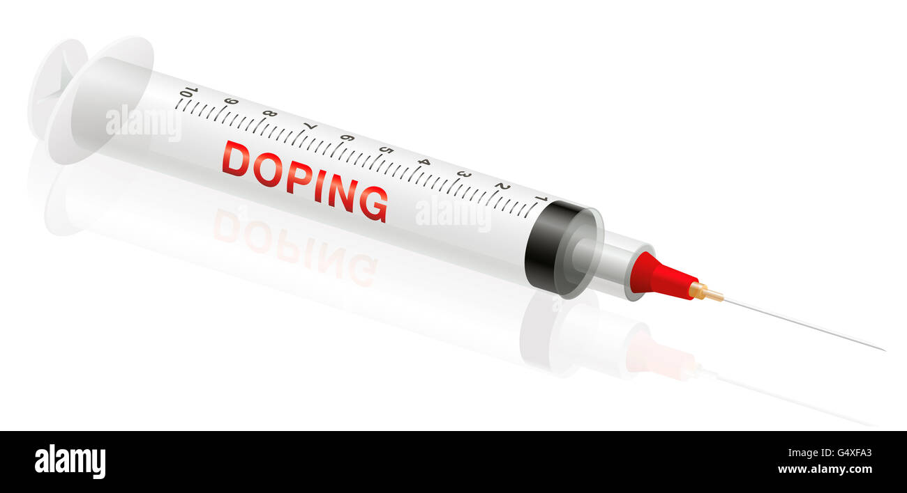 Siringa di doping su sfondo bianco. Foto Stock