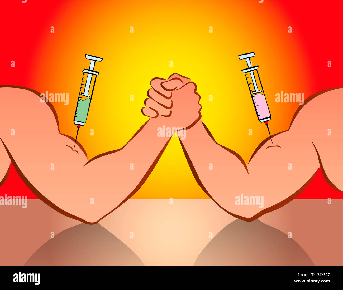 Il doping - braccio di wrestling, concorrenza con siringhe. Fumetto illustrazione. Foto Stock