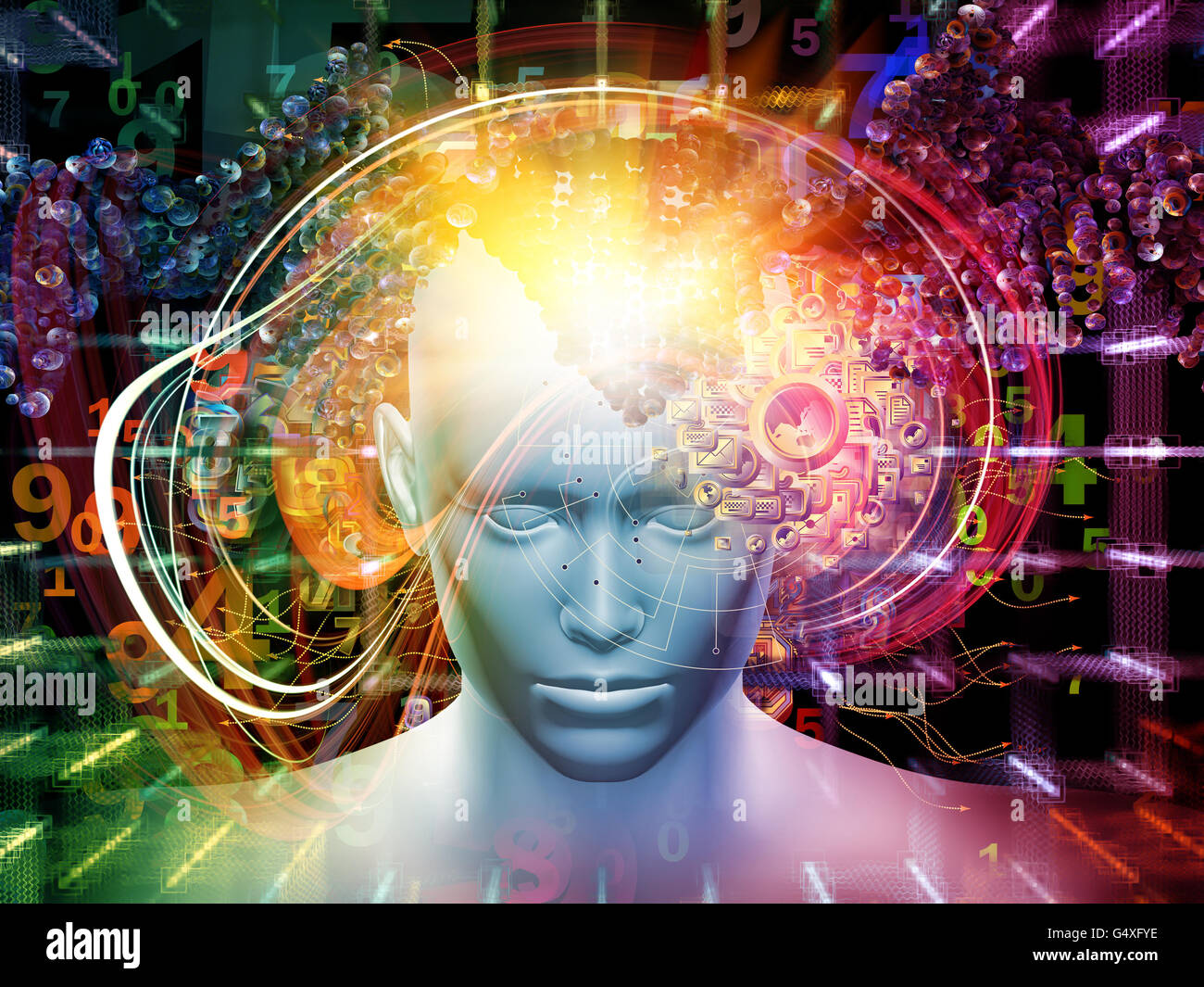 Uomo di scienza serie. Il design dello sfondo della testa umana, numeri ed elementi visivi sul tema della mente umana, moderno technol Foto Stock