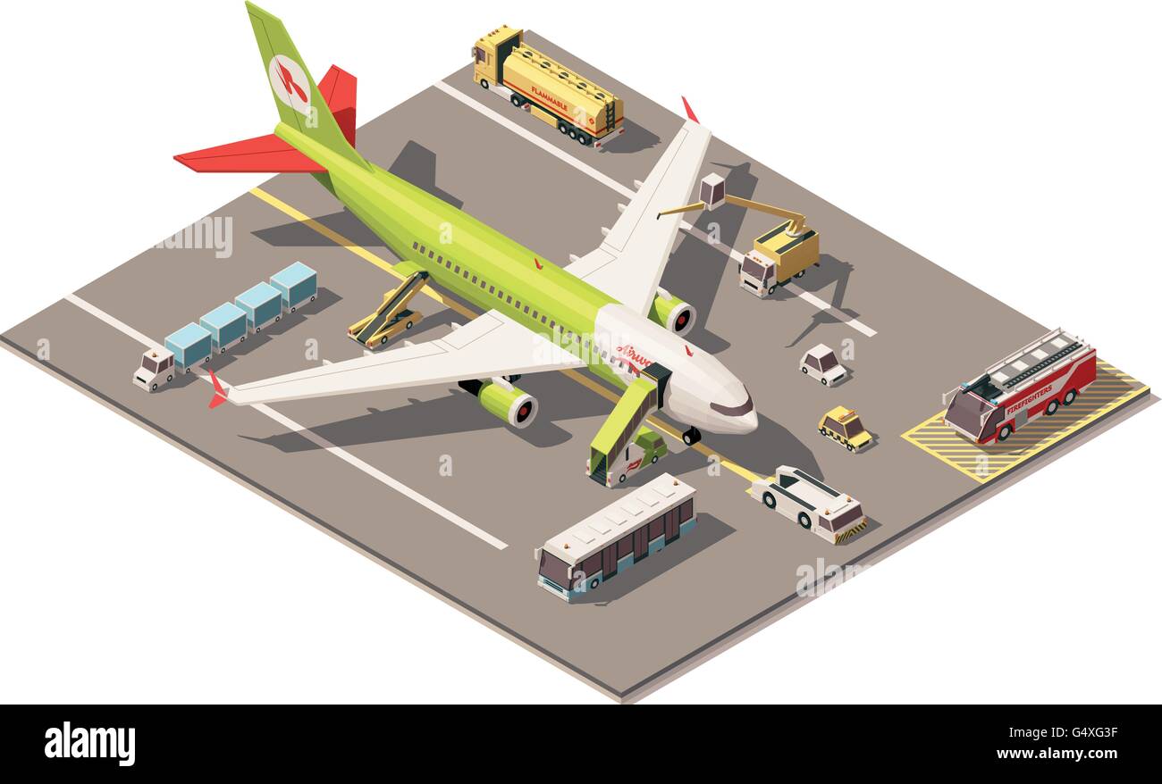 Isometrica del vettore low poly grembiule airport con aereo, attrezzature di supporto a terra e veicoli Illustrazione Vettoriale