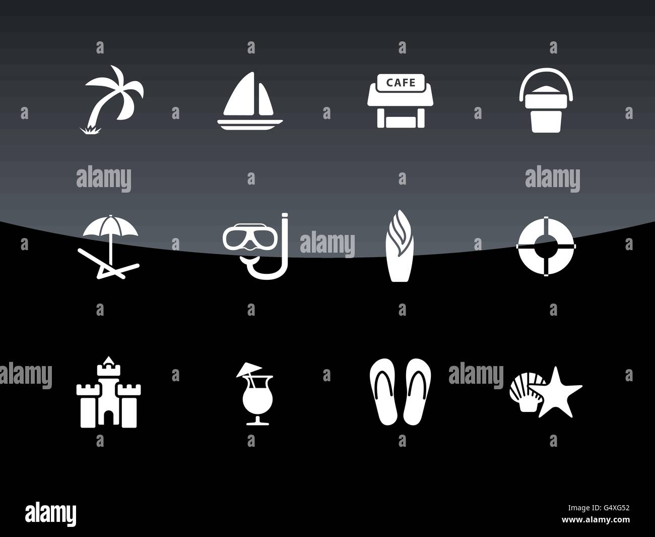 Icone di spiaggia su sfondo nero. Illustrazione Vettoriale