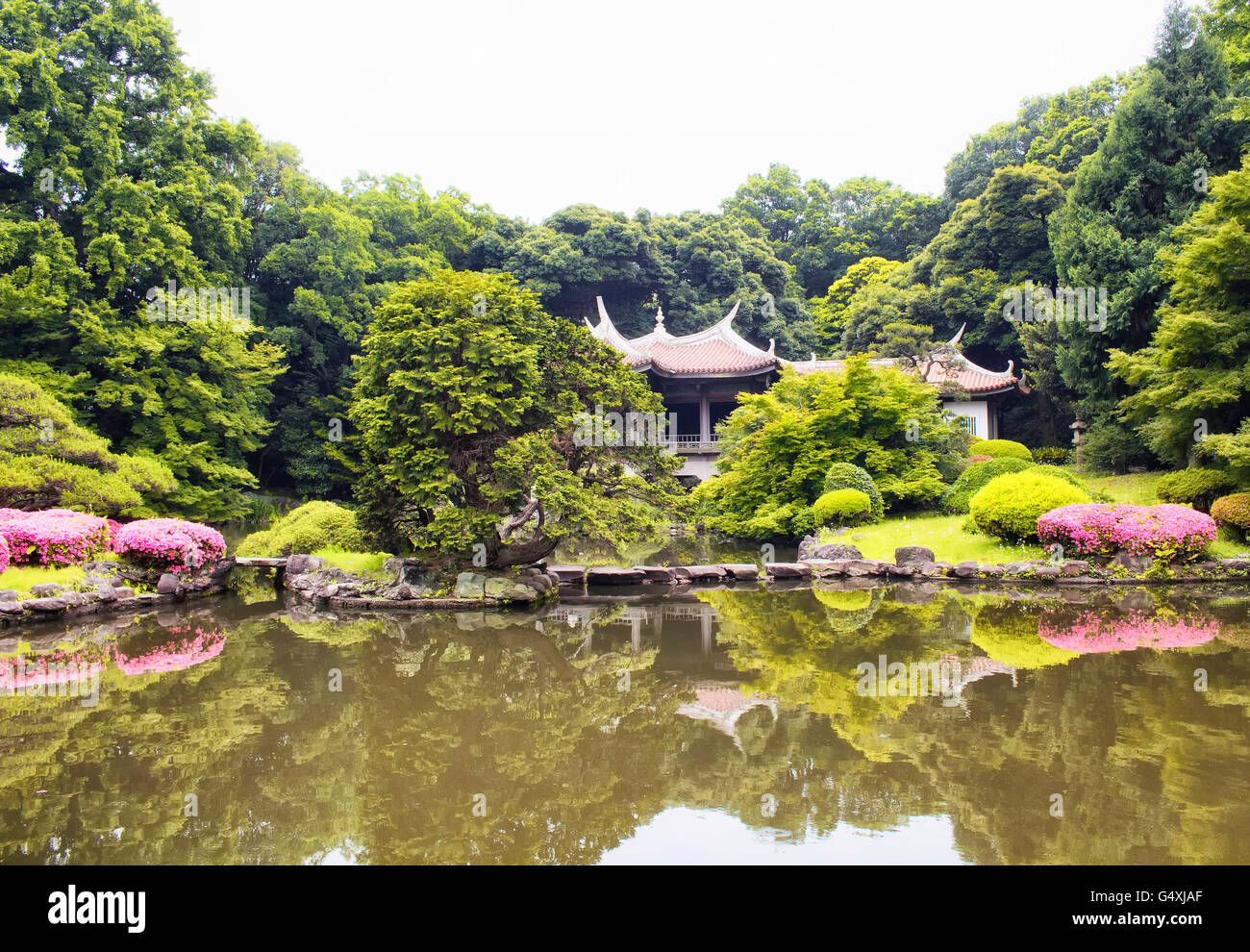 Vista del lago artificiale e tradizionale giapponese del tè casa nel giardino di Shinjuku a Tokyo Foto Stock