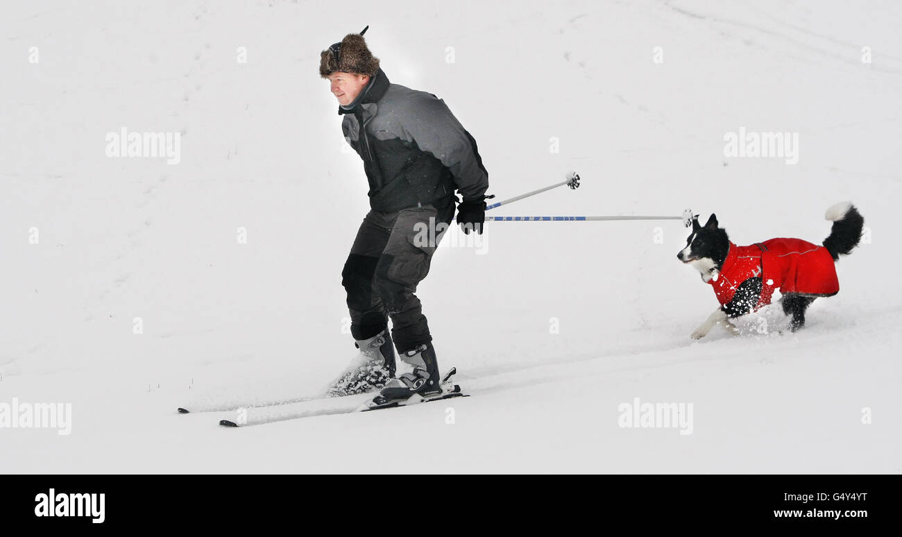 Lo sciatore John Watson è inseguito da Maisie, il cane vicino allo Spittal di Glenshee in Scozia, come la Gran Bretagna fremette attraverso la notte più fredda dell'inverno fino a quando le temperature sono precipitati meno di 12C la scorsa notte e il paese si è bracchiato per fino a 15cm di neve. Foto Stock
