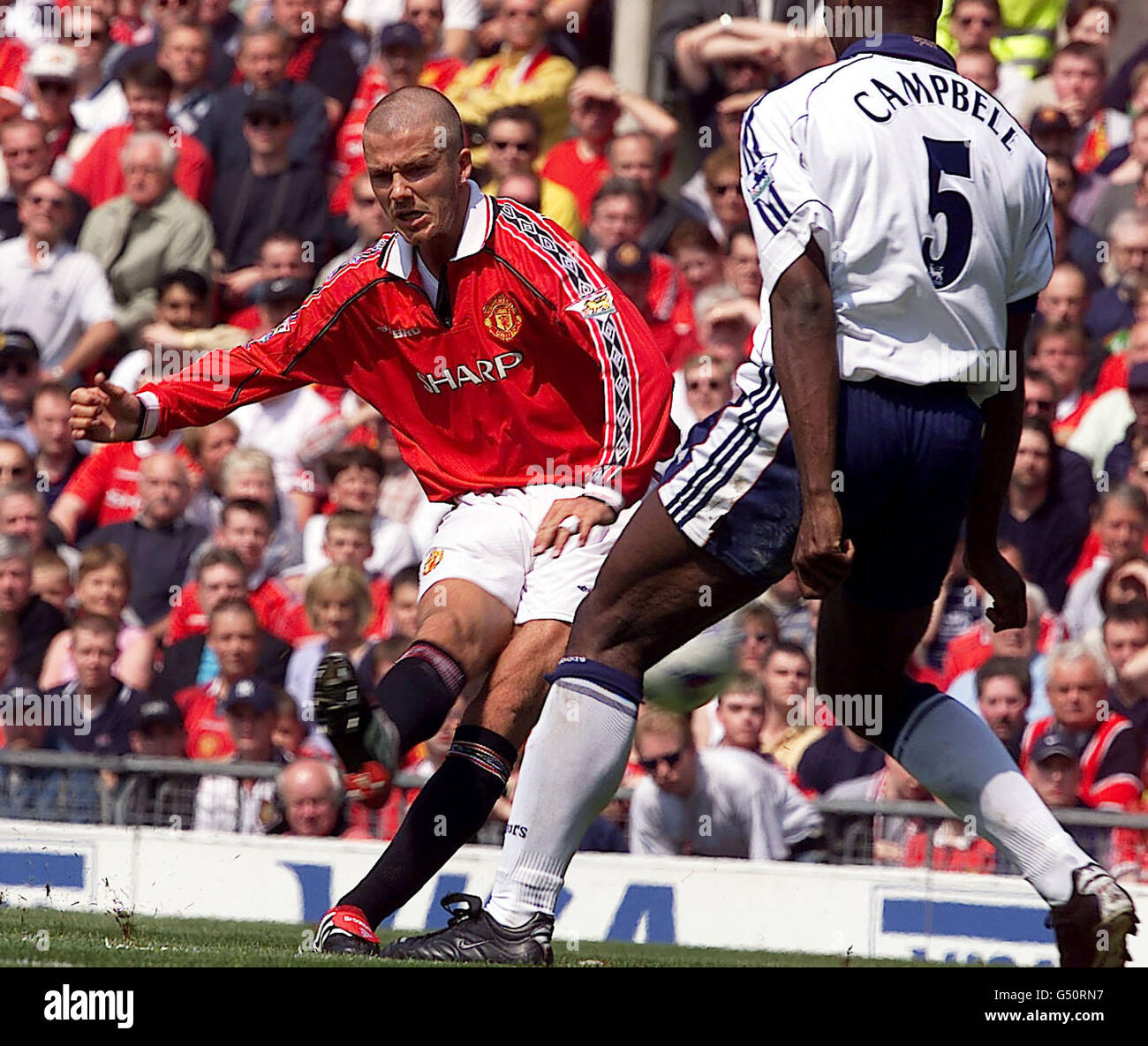 Man U v Spurs Beckham obiettivo shot Foto Stock