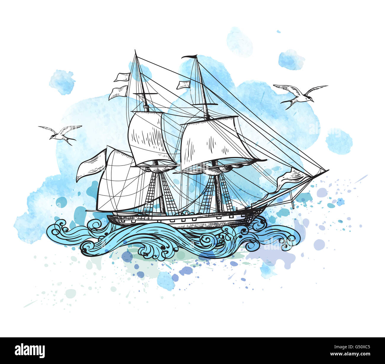 Vintage sfondo con imbarcazione a vela blu e acquerello blot. Foto Stock