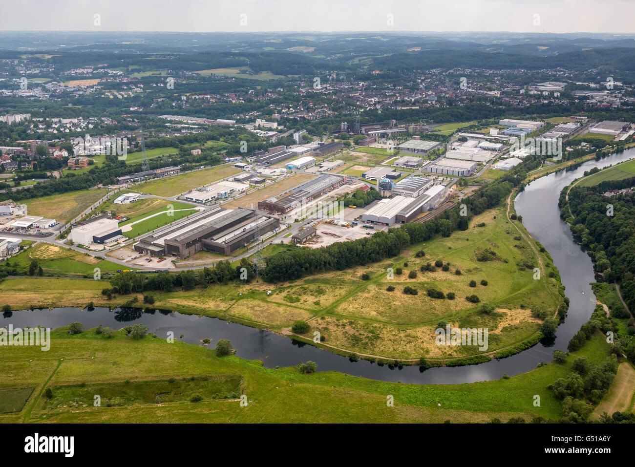 Antenna, il distretto industriale Henrichshütte, alla Ruhr, Hattingen, regione della Ruhr, Renania settentrionale-Vestfalia, Germania, Europa, antenna Foto Stock