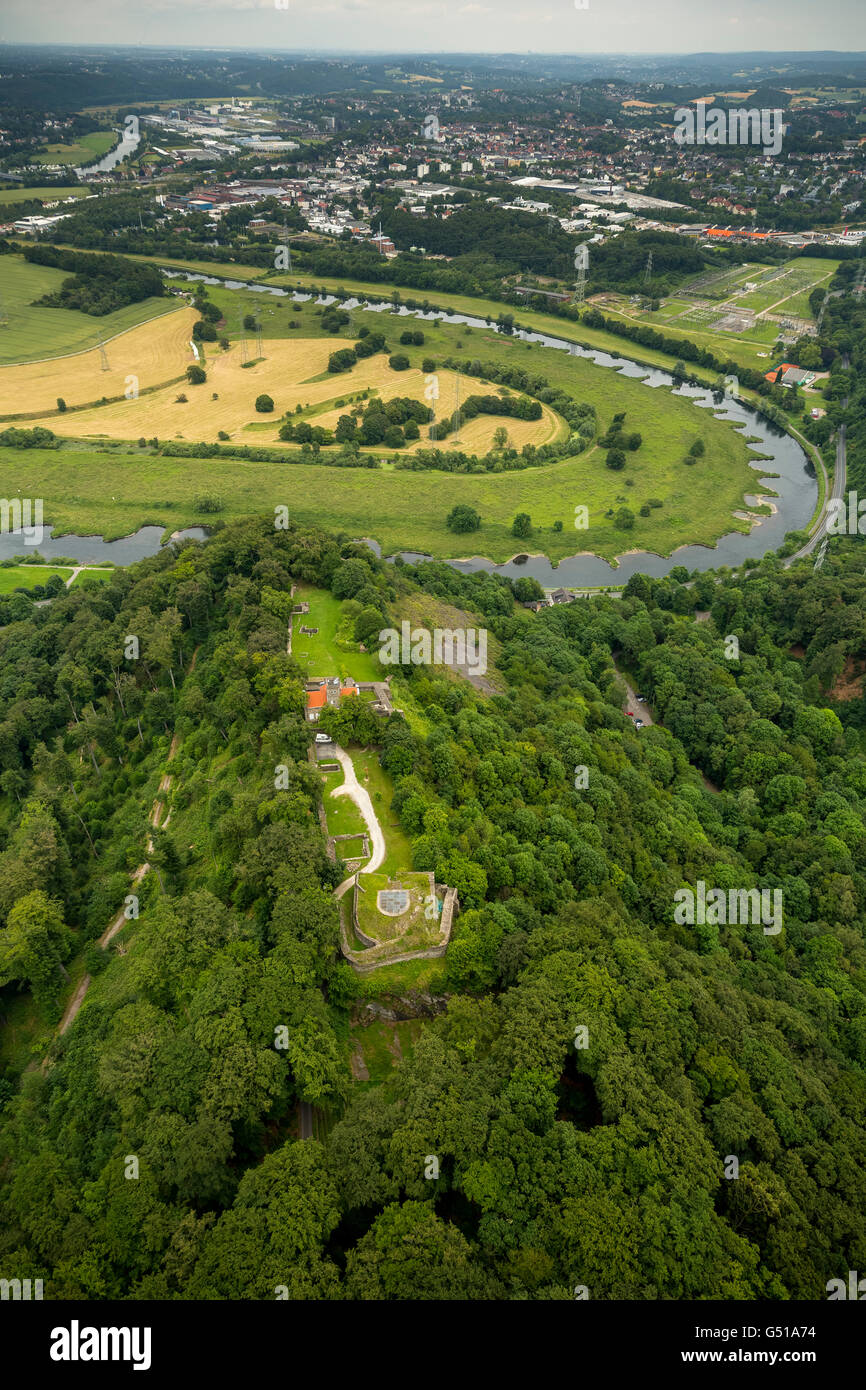 Vista aerea, castello, Valle della Ruhr, Isenburg affacciato Hattingen con Ruhrbogen, Hattingen, Ruhr, Renania settentrionale-Vestfalia, Germania, Foto Stock