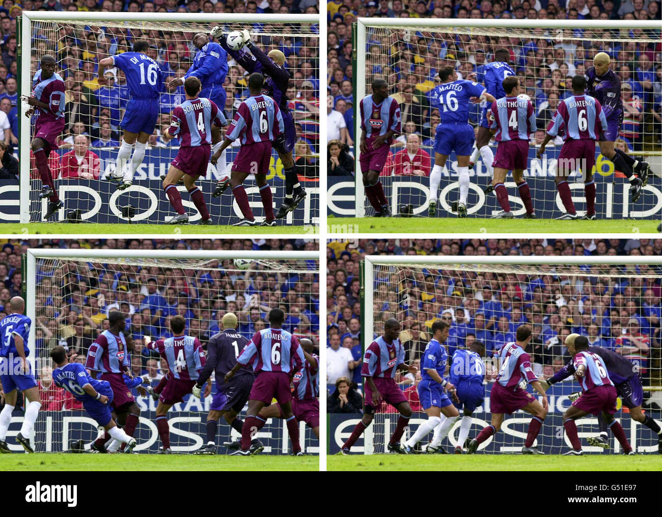 (Partendo in alto a sinistra poi in senso orario) UNA sequenza di foto che mostrano il gol di Chelsea contro la finale di Aston VillaFA Cup a Wembley, segnata da Roberto di Matteo. * Foto 1 - Aston Villa Goal Keeper David James affolla croce. Figura 2 - la palla fumbled colpisce il difensore di Villa e il capitano Gareth Southgate. Immagine 3 giocatori da entrambi i lati scrambled per la palla sciolta. Figura 4 di Matteo sbatte la palla dall'interno della scatola a sei metri nella rete per segnare il gol vincente per Chelsea. Foto Stock