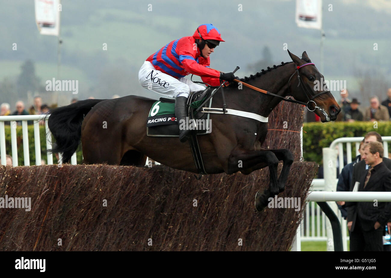 Sprinter Sacre guidato da Barry Geraghty saltare l'ultimo sulla loro strada per la vittoria nel Racing Post Arkle Challenge Trophy Chase durante il giorno uno del Cheltenham Fesitval 2012 al Cheltenham Racecourse, Gloucestershire. Foto Stock