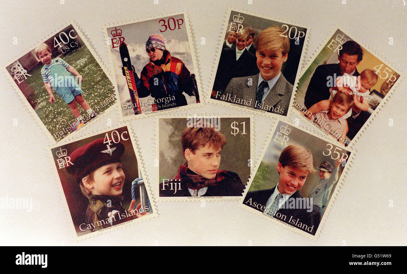 Alcuni dei francobolli emessi per celebrare il diciottesimo compleanno del Principe Guglielmo di Gran Bretagna in tutto il mondo. Il Crown Agents Stamp Bureau a Sutton, Surrey, hanno coordinato il concetto e la produzione di speciali 'Happy Birthday Prince William' omnibus questioni. * ...per sette paesi, Georgia del Sud, Tristan da Cunha, Isola dell'Ascensione, Isole Vergini Britanniche, Isole Cayman, Isole Falkland e Figi. Foto Stock