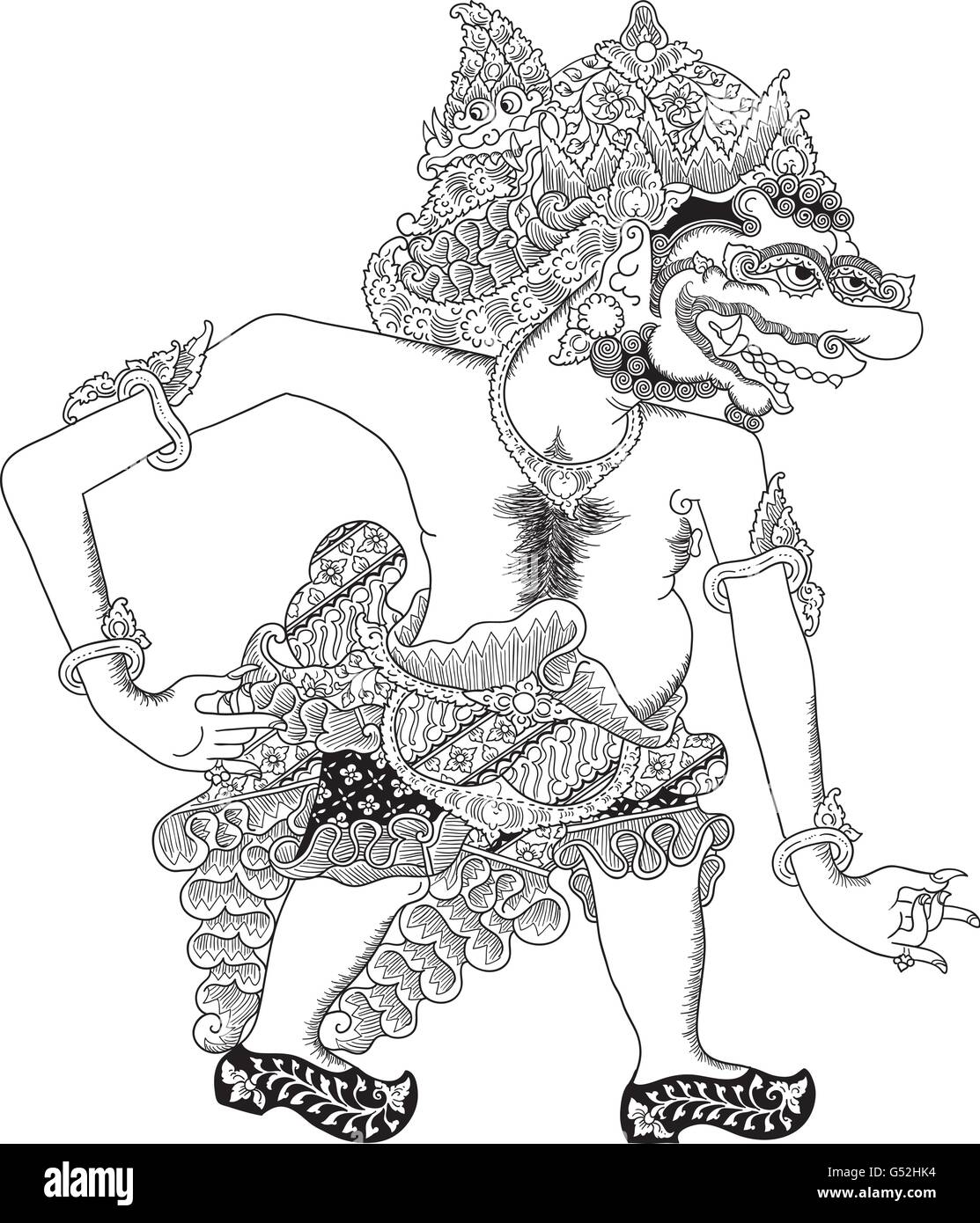 Kalayuwana, un carattere di tradizionale spettacolo di marionette, Wayang Kulit da java indonesia. Illustrazione Vettoriale