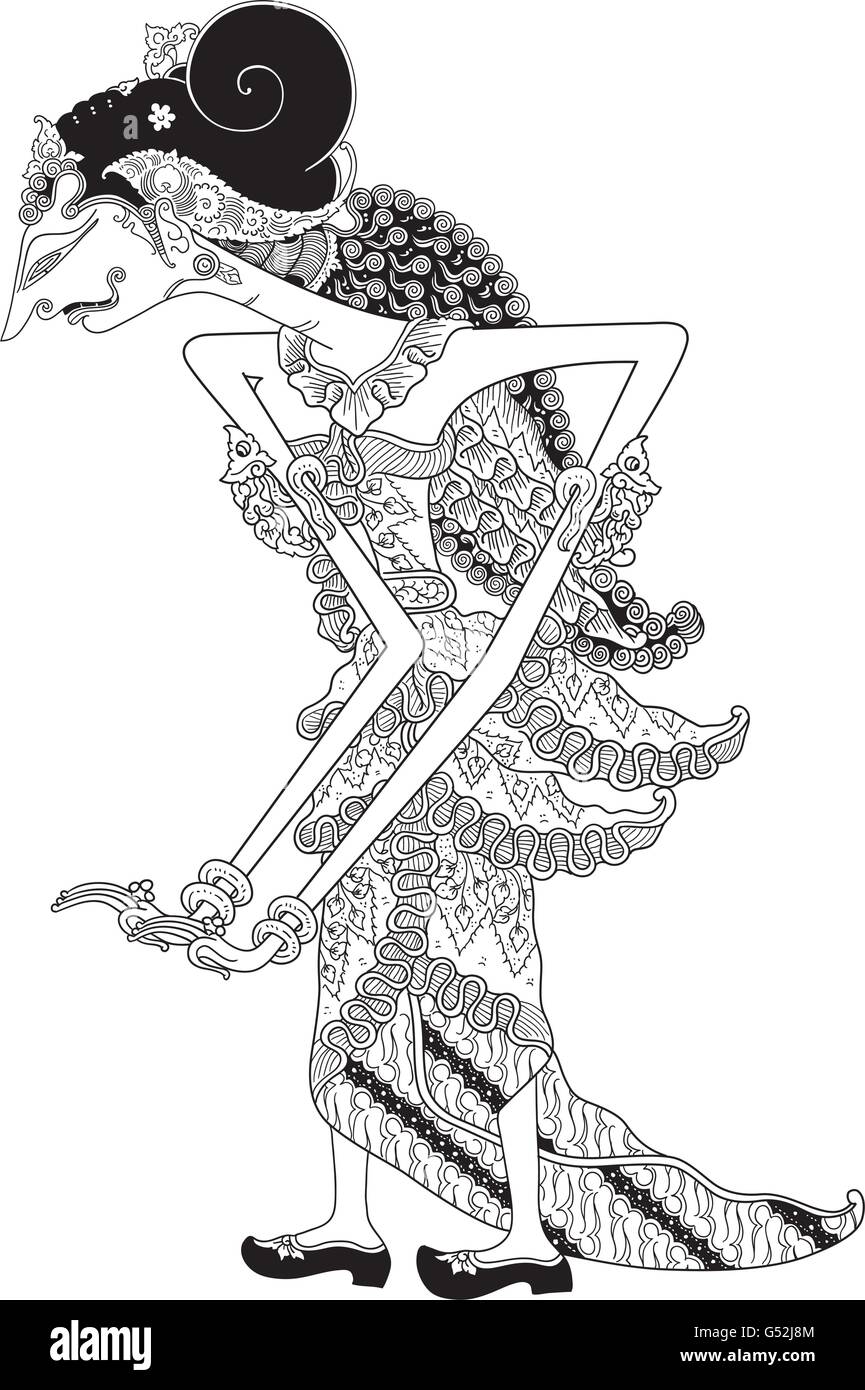 Srihunon, un carattere di tradizionale spettacolo di marionette, Wayang Kulit da java indonesia. Illustrazione Vettoriale