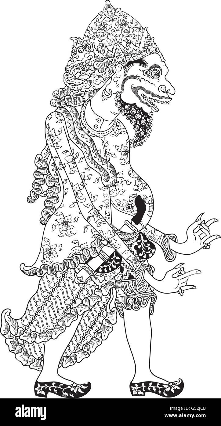 Yamadipati, un carattere di tradizionale spettacolo di marionette, Wayang Kulit da java indonesia. Illustrazione Vettoriale
