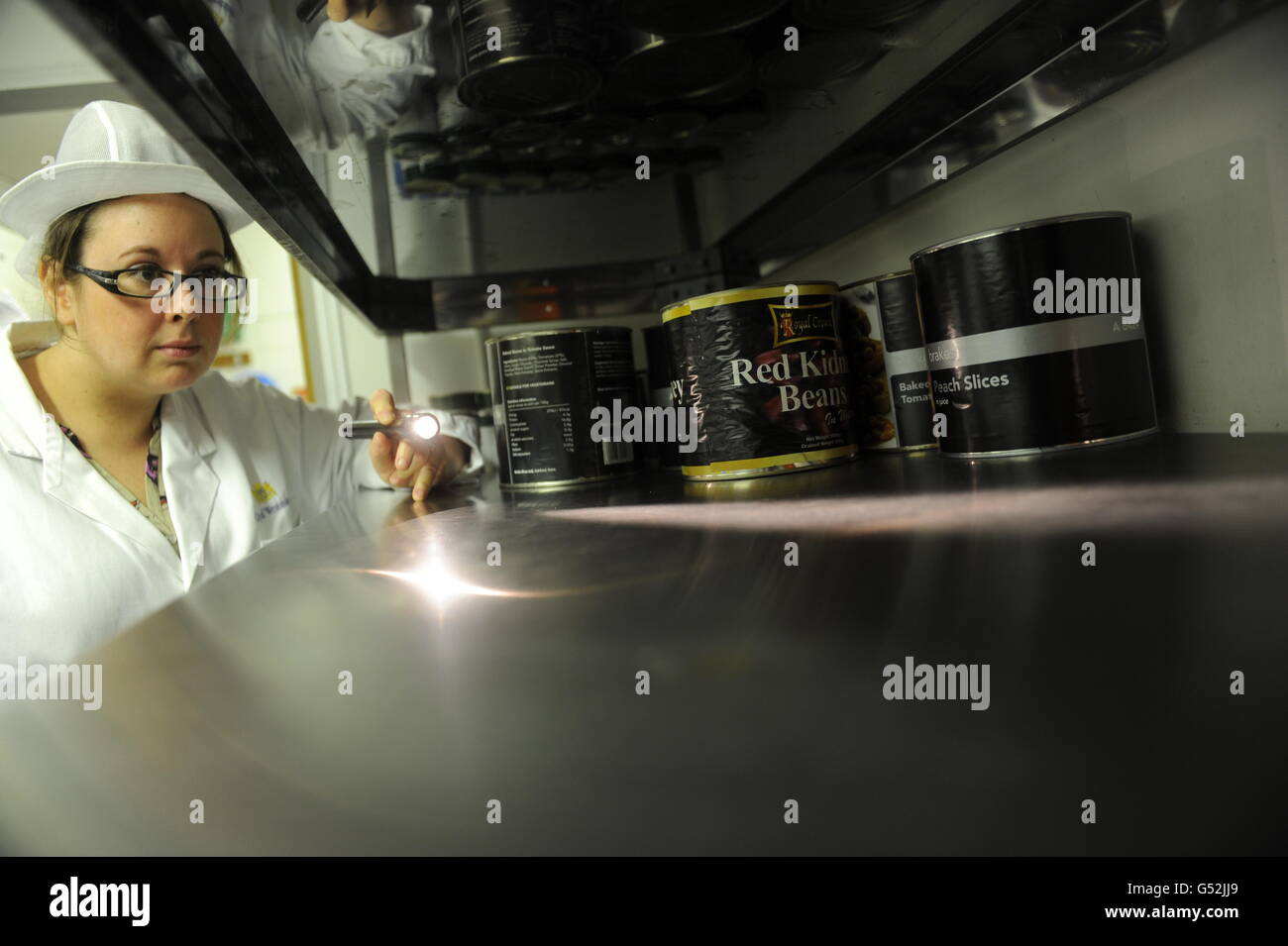 Sara Quinn, Environmental Health Officer, che fa parte di una nuova squadra nazionale per la sicurezza alimentare, ispeziona alcuni scaffali presso una struttura di catering a Merton, Londra del sud. Foto Stock