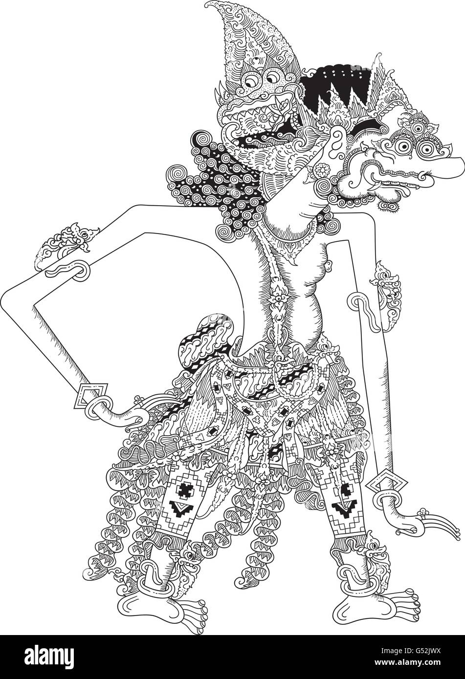 Trinetra, un carattere di tradizionale spettacolo di marionette, Wayang Kulit da java indonesia. Illustrazione Vettoriale