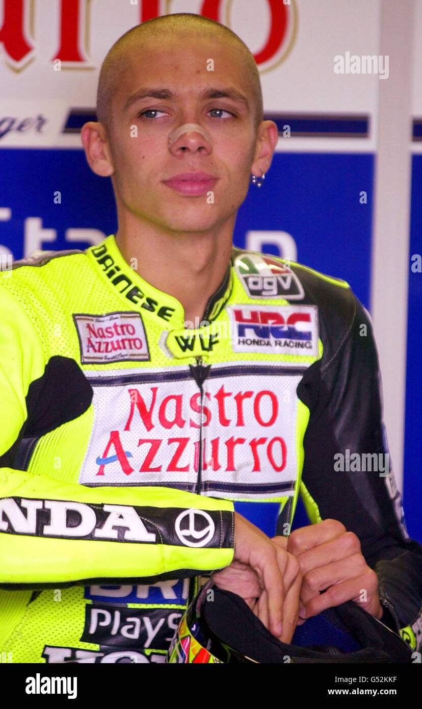 Donnington 500cc Rossi. Il motociclista italiano da 500cc Honda Valentino Rossi a Donnington, nella giornata del Gran Premio di Gran Bretagna. Foto Stock