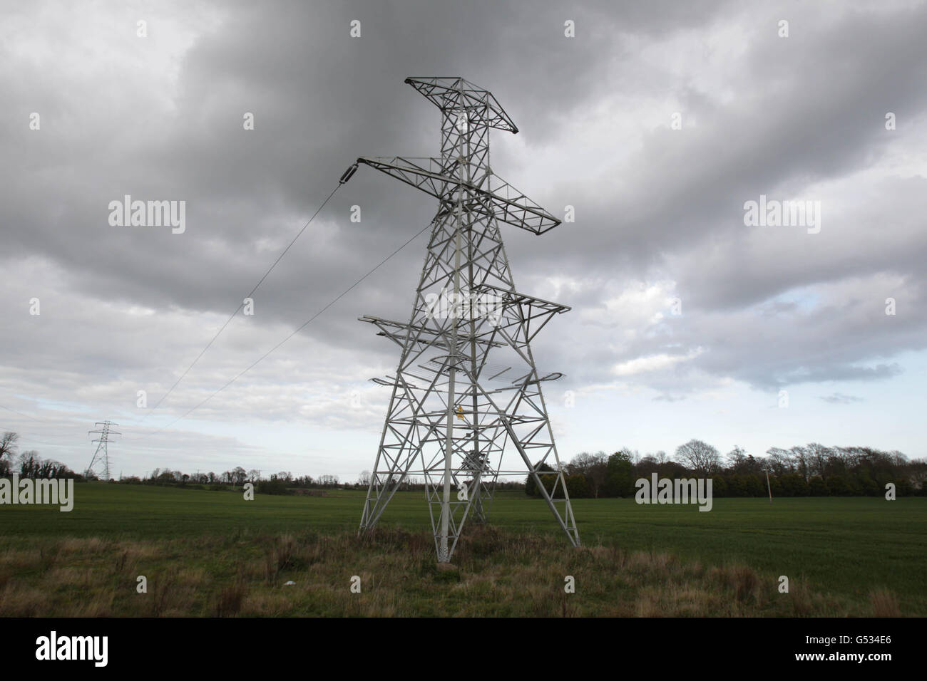 Una visione generale di un traliccio elettrico a Dublino come EirGrid ha identificato tre punti di collegamento ottimali per una nuova rotta di pilone ad alta tensione di 250 km attraverso Leinster e Munster. Foto Stock