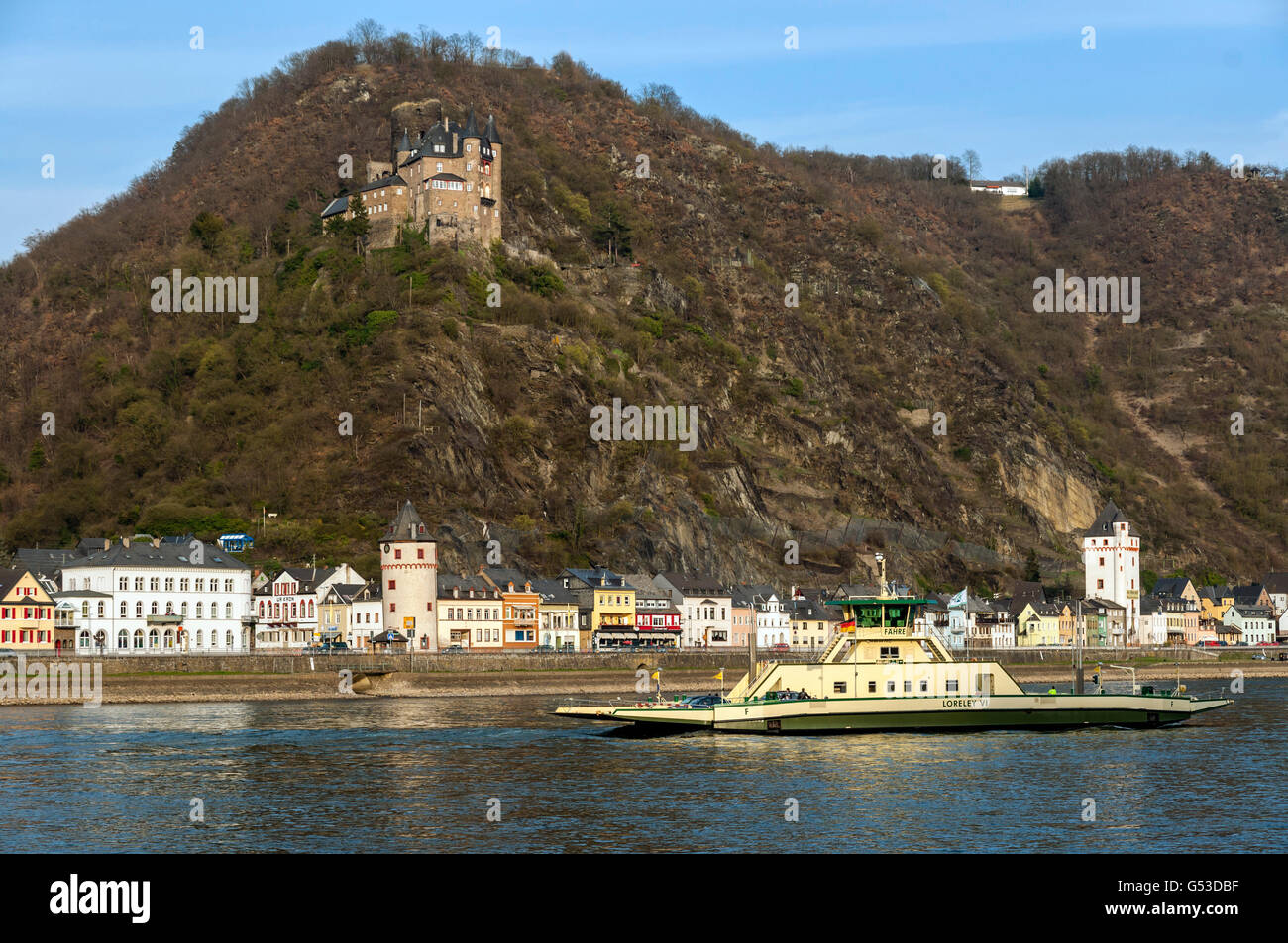 San Goarshausen, il fiume Reno e Burg Katz castello, Valle del Reno superiore e centrale, Sito Patrimonio Mondiale dell'UNESCO, Renania-Palatinato Foto Stock