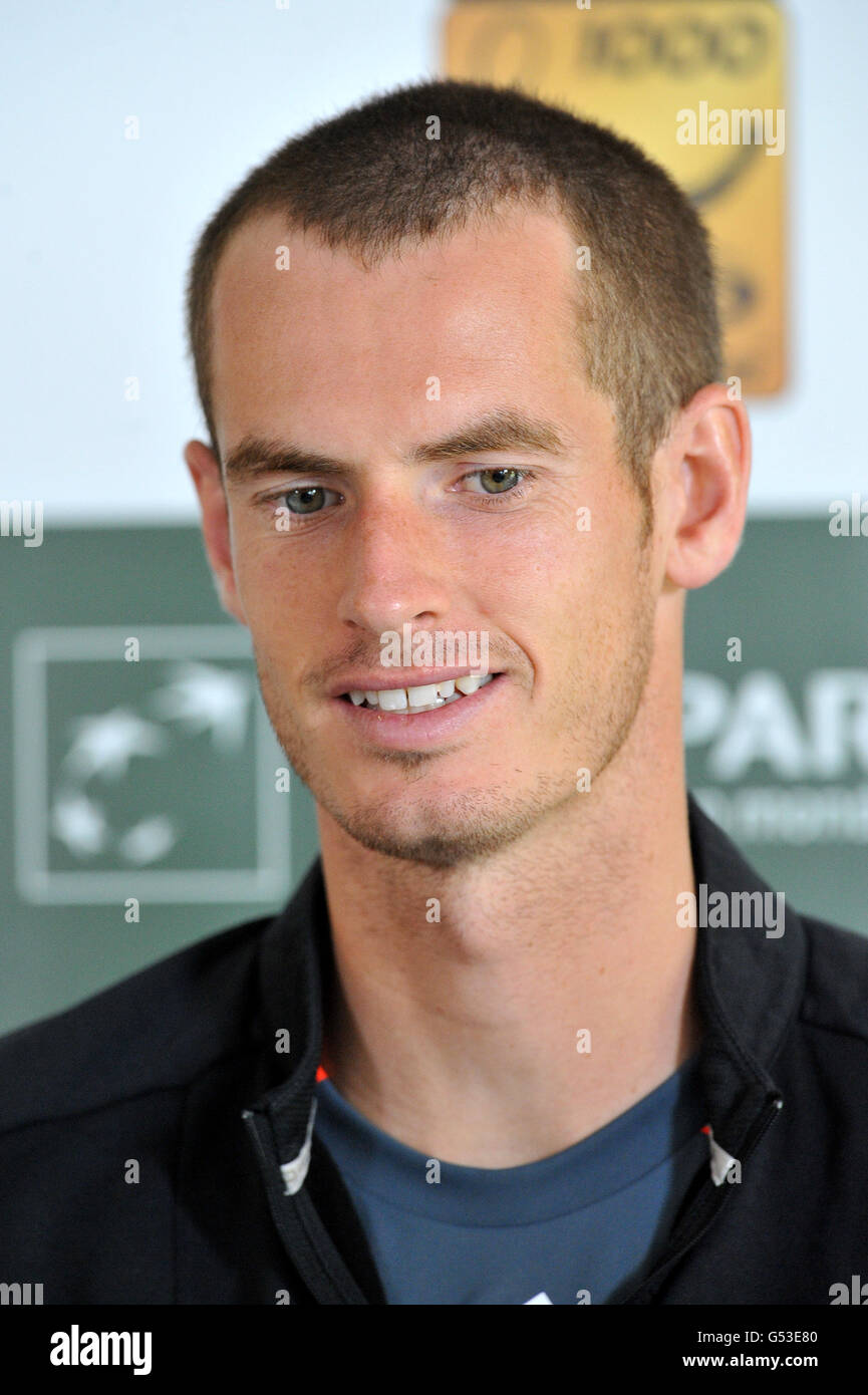 Andy Murray durante la sua conferenza stampa dopo la sua vittoria Terzo giorno dei Maestri Monte-Carlo Rolex 2012 Foto Stock