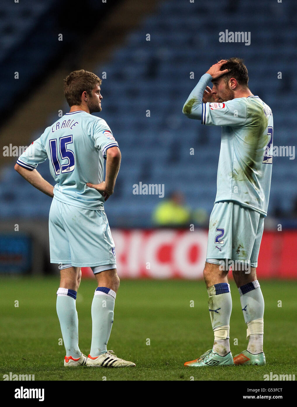 Calcio - Npower Football League Championship - Coventry City / Millwall - Ricoh Arena. Martin Cranie e Richard Keogh di Coventry a tempo pieno durante la partita del campionato di calcio della Npower alla Ricoh Arena di Coventry. Foto Stock